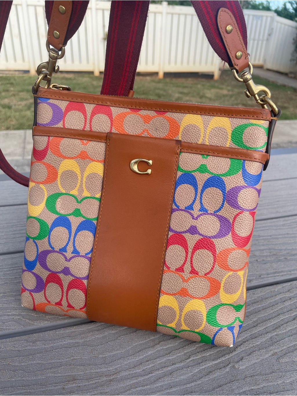 Coach Pride Rainbow Signature Crossbody With Tan Leather Center